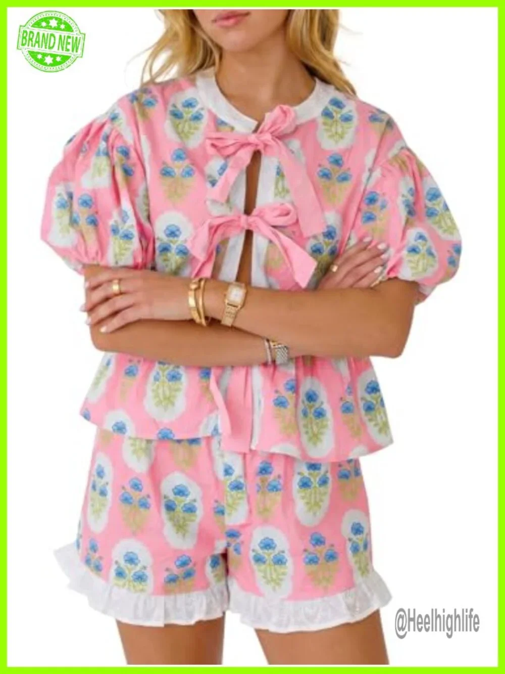 Floral Puff Sleeve Babydoll Blouse Ruffle Shorts Matching Set